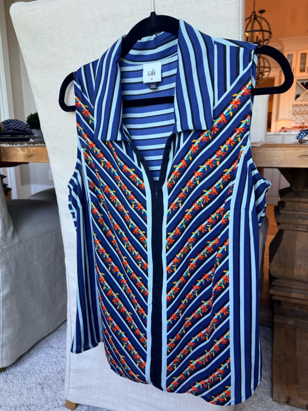 CAbi Navy and Light Blue Striped Zip Up Sleeveless Top
